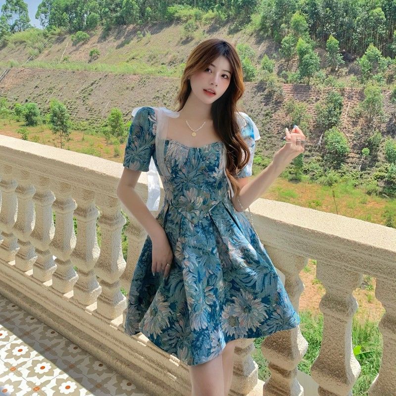 Cozok Đầm Ngắn Tay Chiết Eo In Họa Tiết Tranh Sơn Dầu Phong Cách Retro Thời Trang