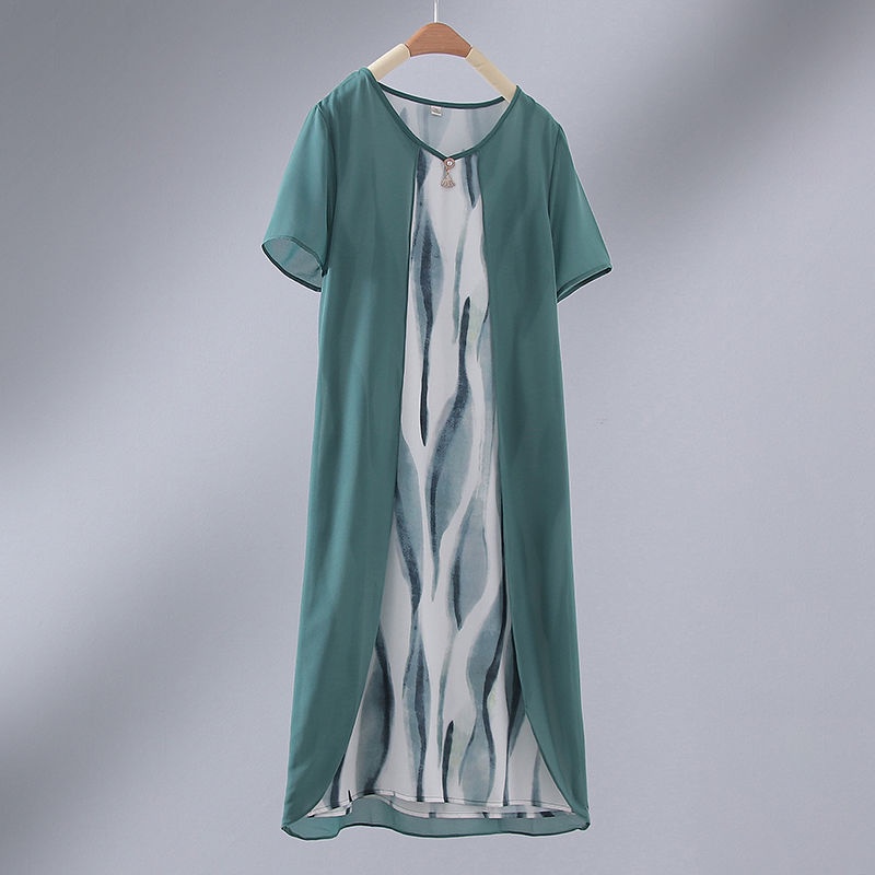 Đầm Ngắn Qua Gối Giả Hai Lớp Phong Cách Mới Dành Cho Phụ Nữ Trung Niên