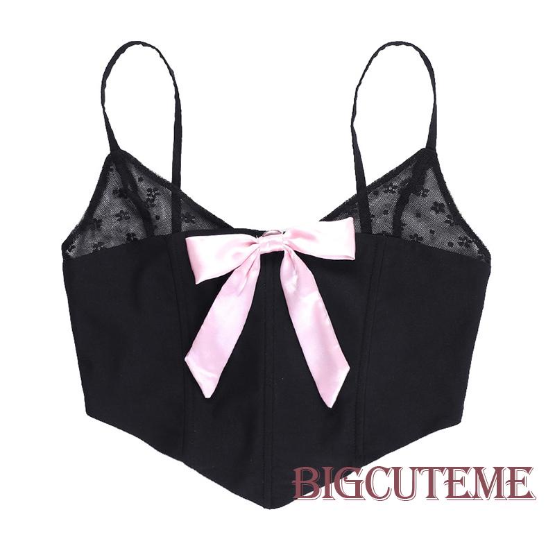 [] - Áo Crop Top Phối Lưới In Hoa Thắt Nơ Tương Phản Co Giãn Cho Nữ Đen