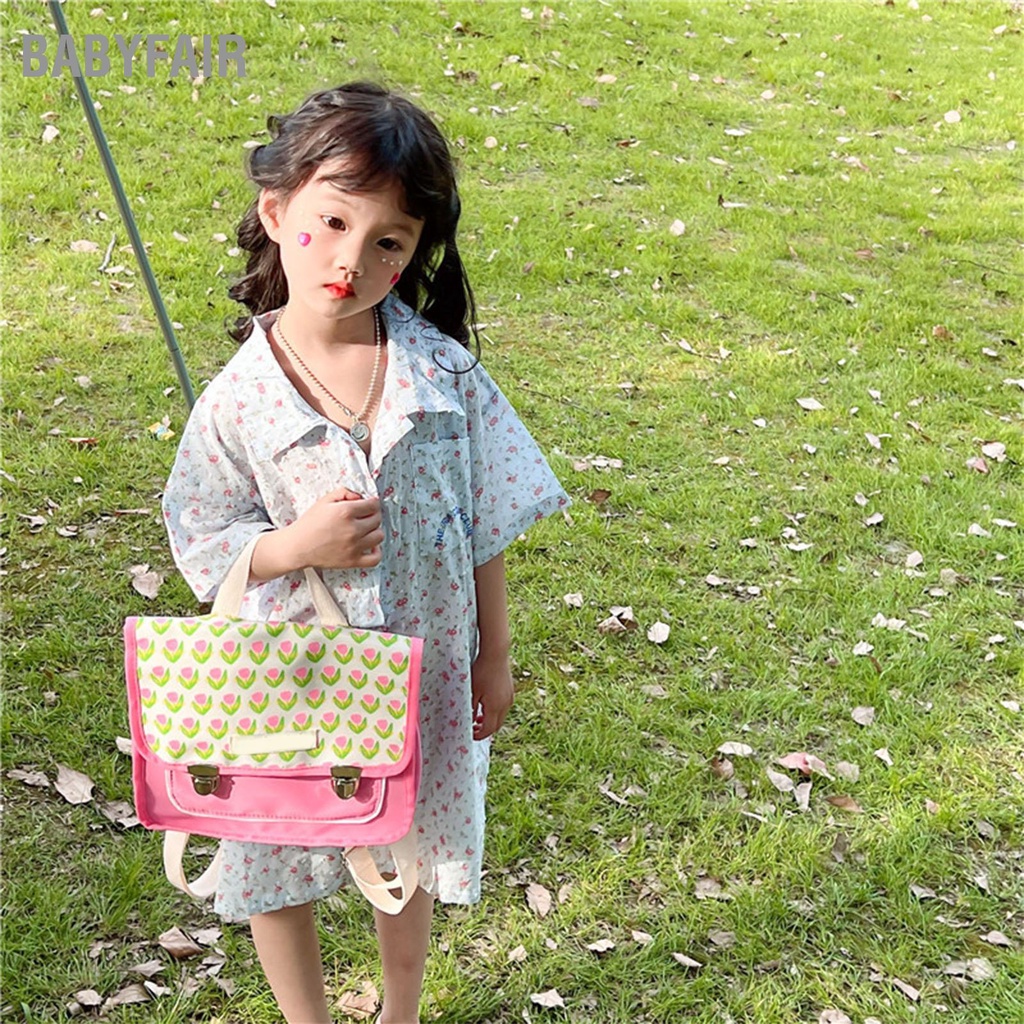 Babyfair Ba lô trẻ em Thiết kế hoa Canvas Túi xách dung tích lớn tay cho bé gái