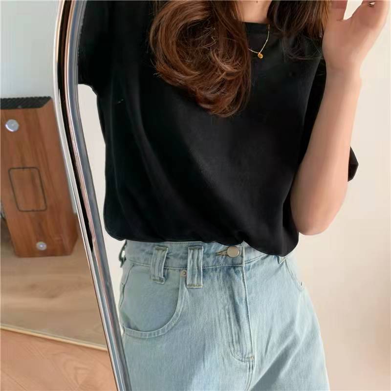 Áo Thun Mùa Hè 100% Cotton Tay Ngắn Cổ Tròn Màu Sắc Đơn Giản Cho Nữ