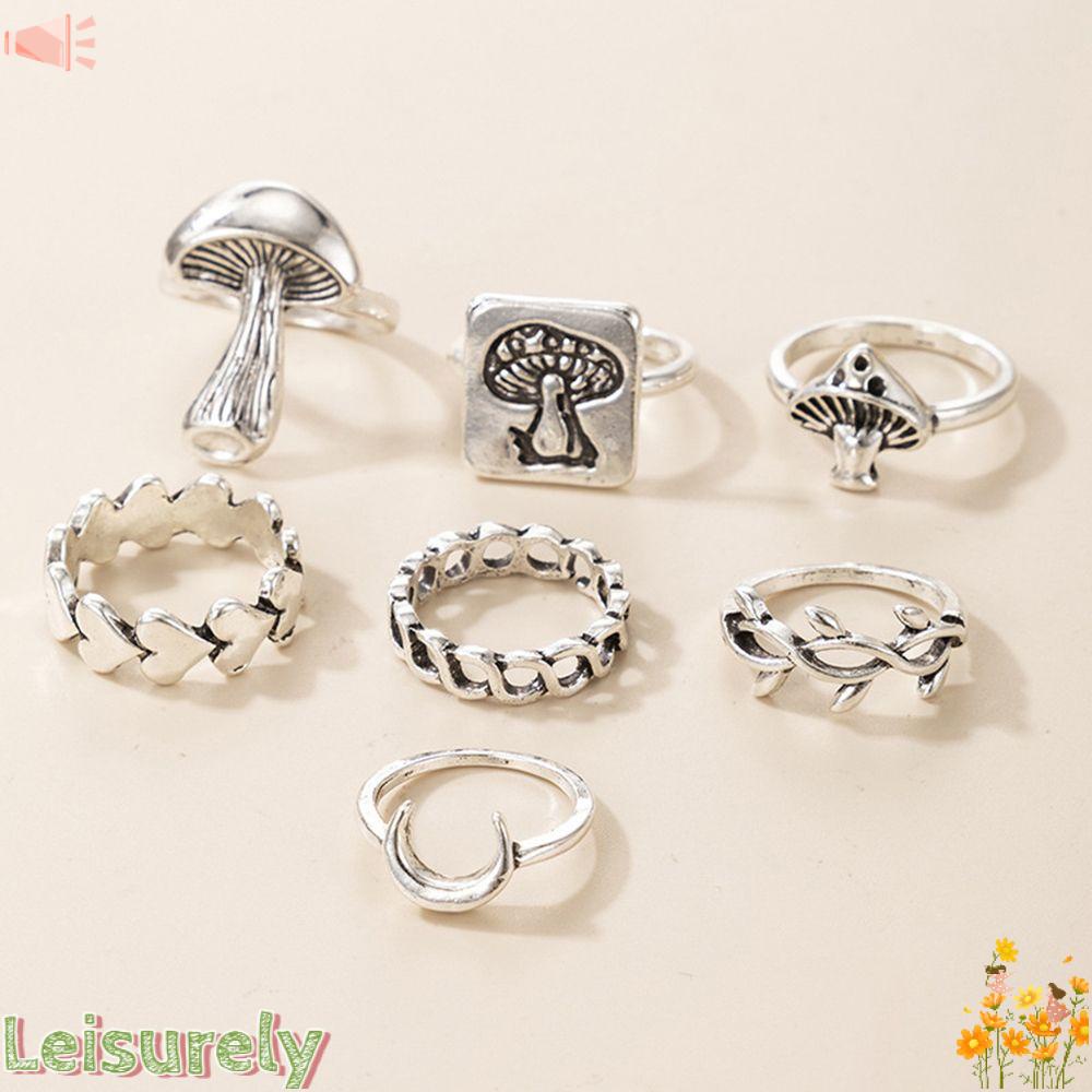 LEILY Bộ 7 Nhẫn Thời Trang Kiểu Mở Hình Nấm &amp; Trái Tim &amp; Mặt Trăng