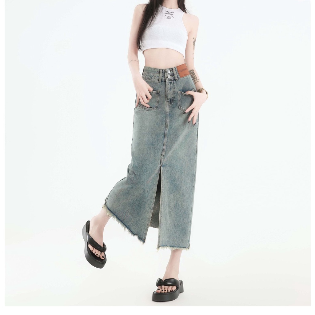 Chân Váy Jean Chữ a Lưng Cao Xẻ Tà Thời Trang Mùa Hè Phong Cách Mới Cho Nữ