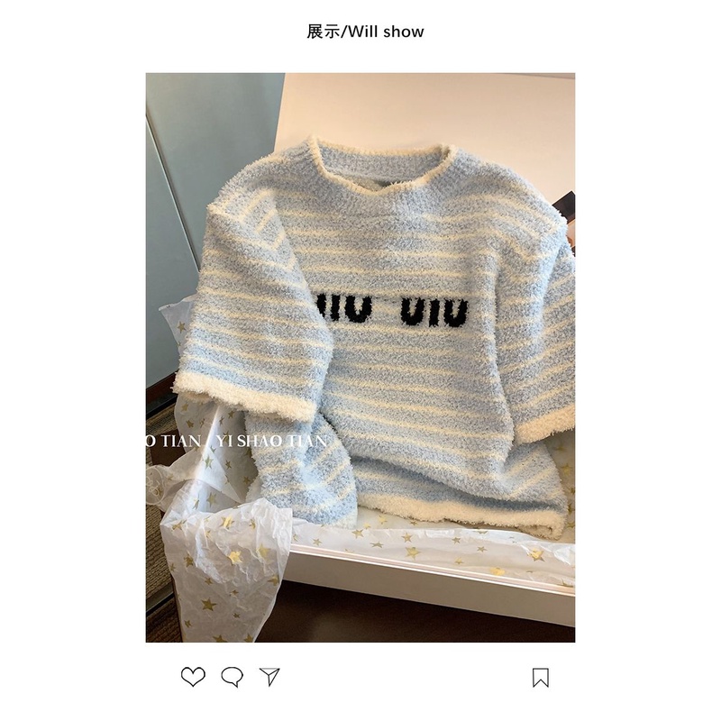 Áo Sweater Tay Ngắn In Chữ Màu Xanh Dương Và Trắng Ngọt Ngào Thời Trang Mùa Hè 2023 Mới Dành Cho Bạn Nữ