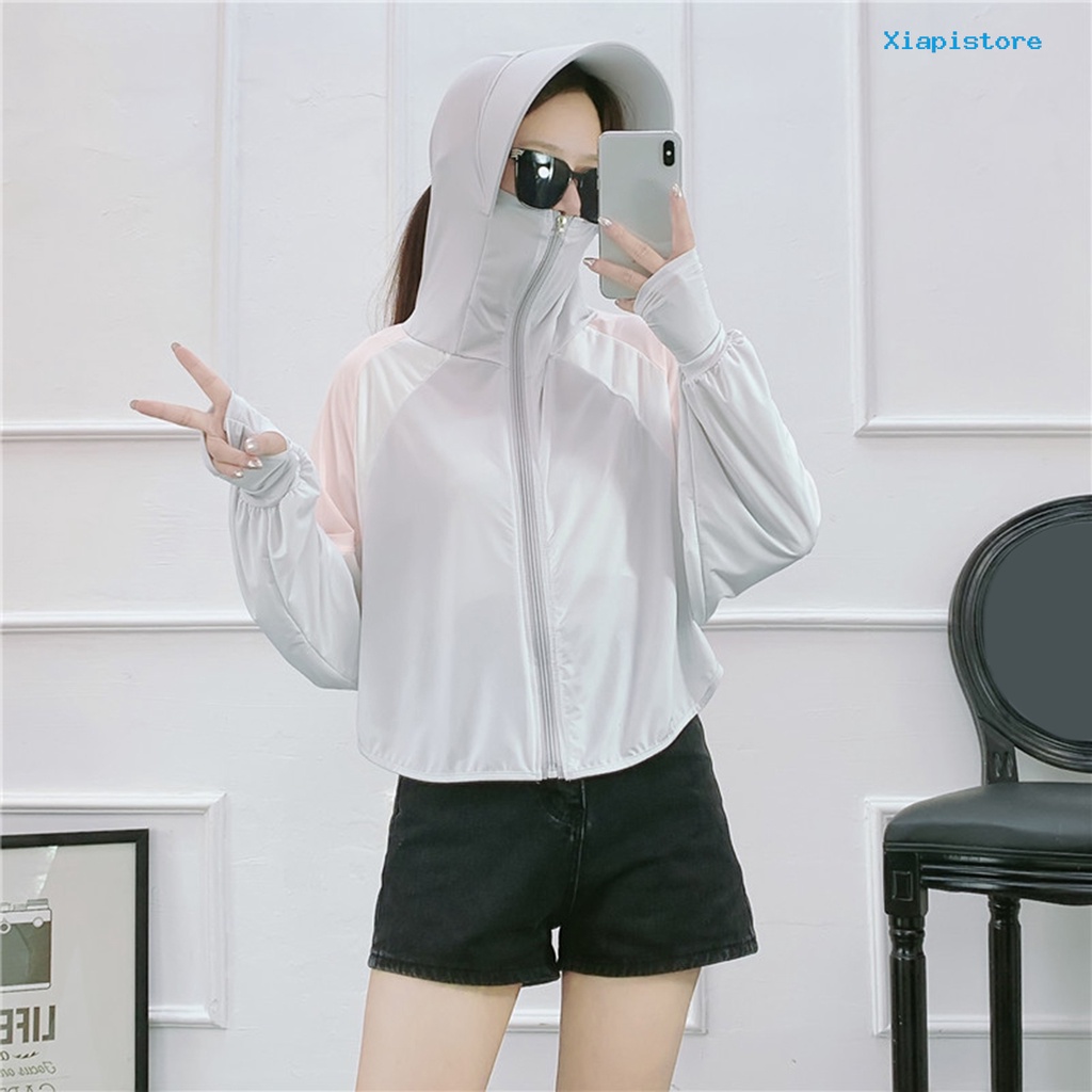 [XI] Áo Khoác Chống Nắng Tay Dài Cổ Đứng Chắp Vá Lỗ Bằng Lụa Lạnh Siêu Mỏng Có Mũ Rộng Vành Cho Nữ