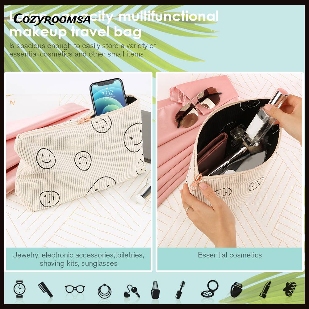 Túi Đựng Mỹ Phẩm Hai Mặt Bằng Vải Nhung Kẻ Dễ Thương Xinh Xắn