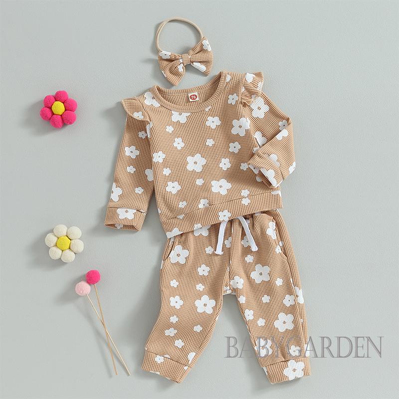 Set Đồ Gồm Áo Tay Dài + Quần + Băng Cài Đầu Rút Dây In Họa Tiết Hoa Cho Bé Gái 0-24 Tháng Tuổi