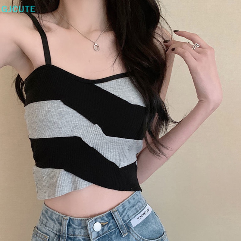 Áo Croptop Dệt Kim Không Tay Dáng Ôm Họa Tiết Kẻ Sọc Màu Sắc Thời Trang Mùa Hè Quyến Rũ Cho Nữ