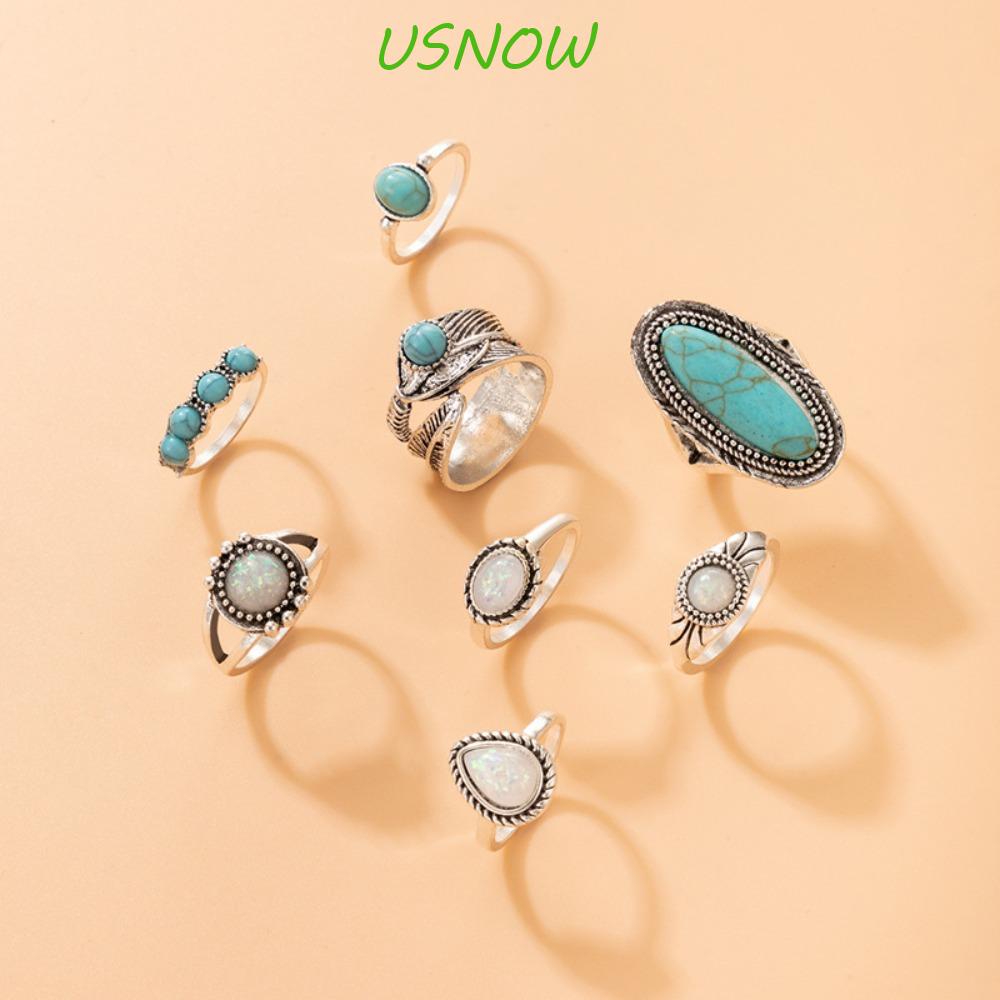 USNOW Set 8 Nhẫn Đính Đá Mặt Trăng Phong Cách Hàn Quốc Cổ Điển Dành Cho Cả Nam Và Nữ