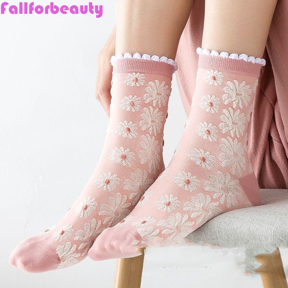 FALLFORBEAUTY Vớ Cotton Phối Bèo Thêu Họa Tiết Dễ Thương Thoải Mái Ấm Áp Cho Nữ