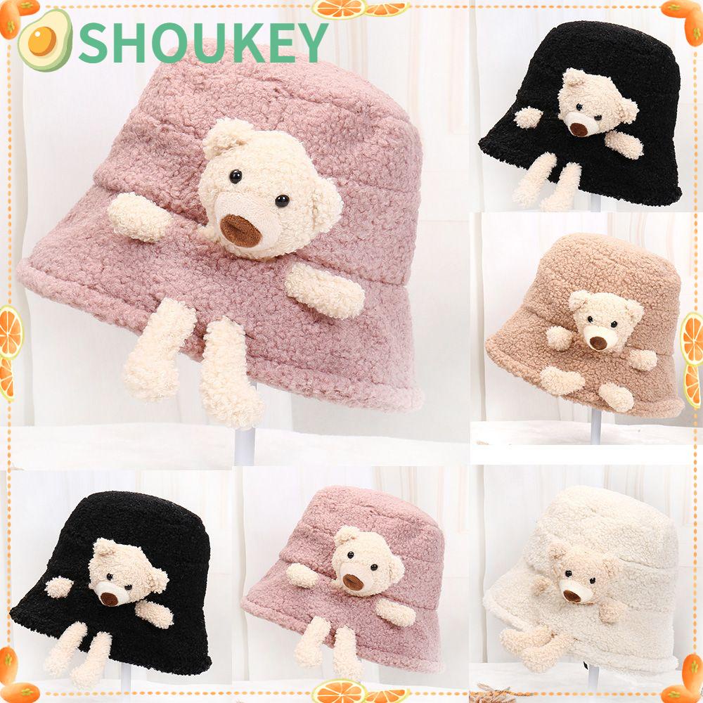 SHOUKEY Mũ Tai Bèo Màu Trơn Đính Gấu Bông Dễ Thương Thời Trang Mùa Đông