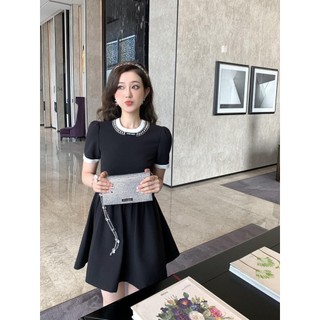 OKTA MiuMiu 23 spring and summer new retro ballet style contrast color collar nail Diamond decorative high waist elegant dress