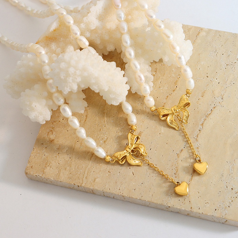 Vòng cổ Ngọc Trai Mặt Nơ Tua Rua Trái Tim Thời Trang Cao Cấp Phong Cách Pháp