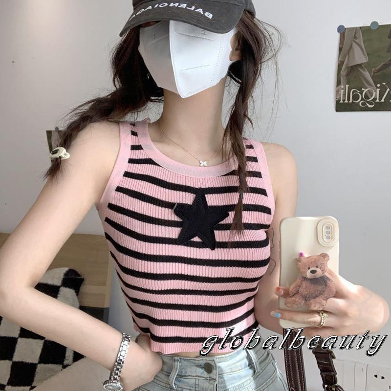Áo Tank Top Không Tay Cổ Tròn Họa Tiết Kẻ Sọc Ngôi Sao Thời Trang Mùa Hè Cho Nữ