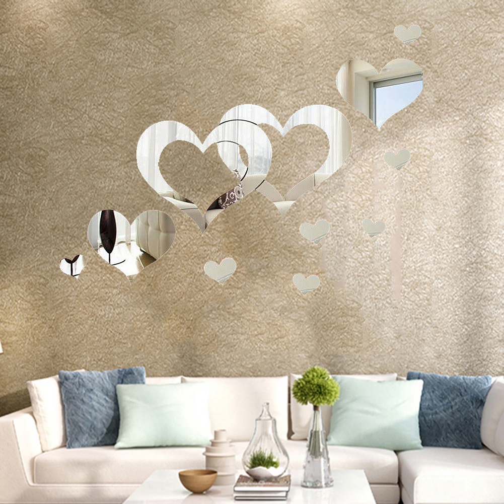 Set 13 Miếng Dán Tường Tráng Gương Acrylic Hình Trái Tim Thời Trang DIY
