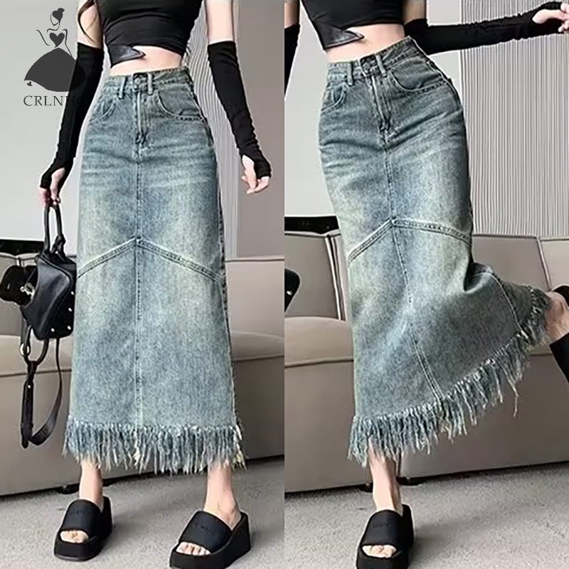 Chân Váy Jean Dài Dáng Chữ A Lưng Cao Phối Tua Rua Thời Trang Mùa Hè 2023 Phong Cách Vintage Y2k