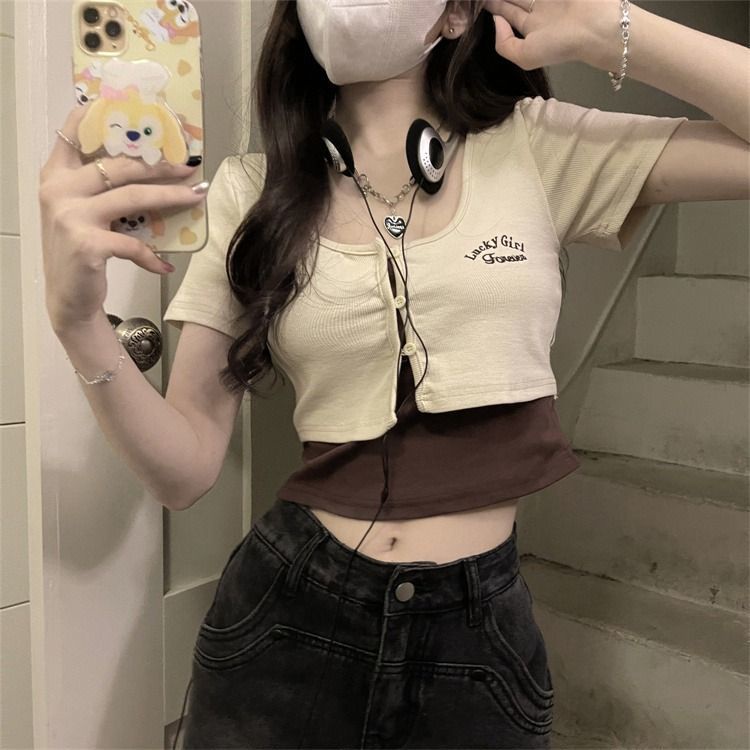 Áo Thun Ngắn Tay Giả Hai Lớp In Họa Tiết Phong Cách Retro Mỹ Cho Nữ