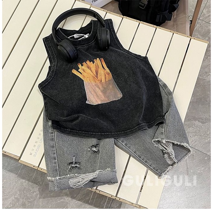 Áo Thun Ba Lỗ Màu Đen Trơn Dáng Rộng Vải Cotton Thời Trang Mùa Hè Cho Bé Trai