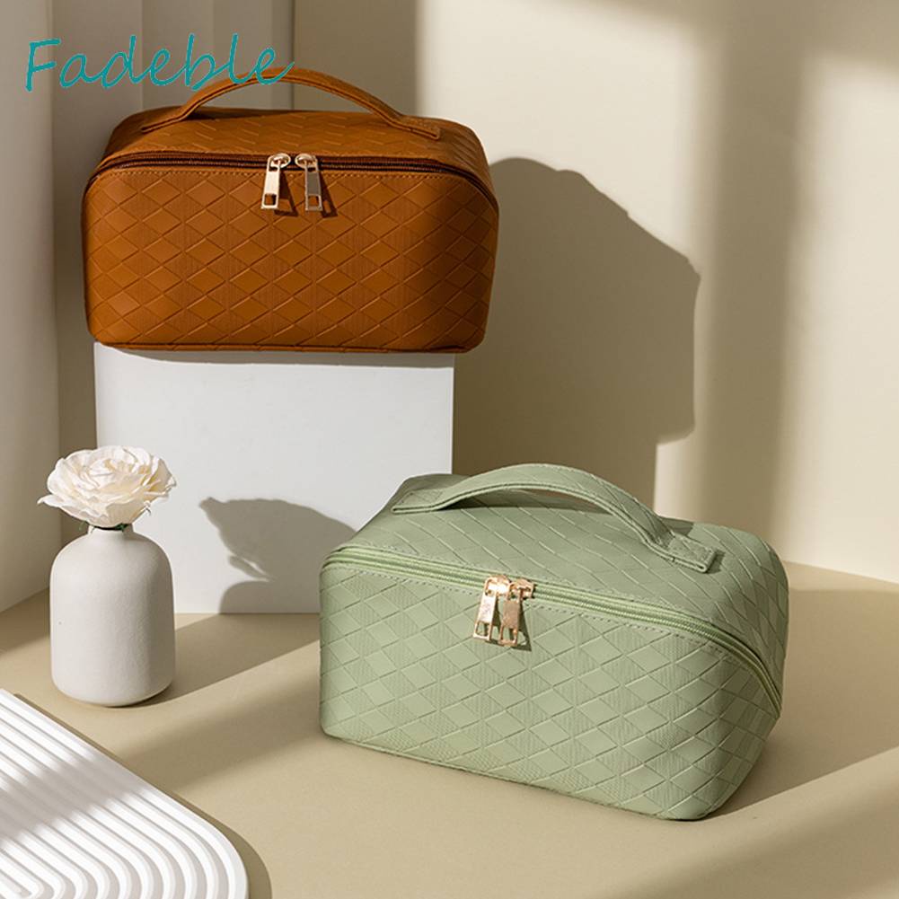 Túi Đựng Mỹ Phẩm Bằng PU Sức Chứa Lớn Họa Tiết Sọc Caro Tiện Dụng Cho Nữ