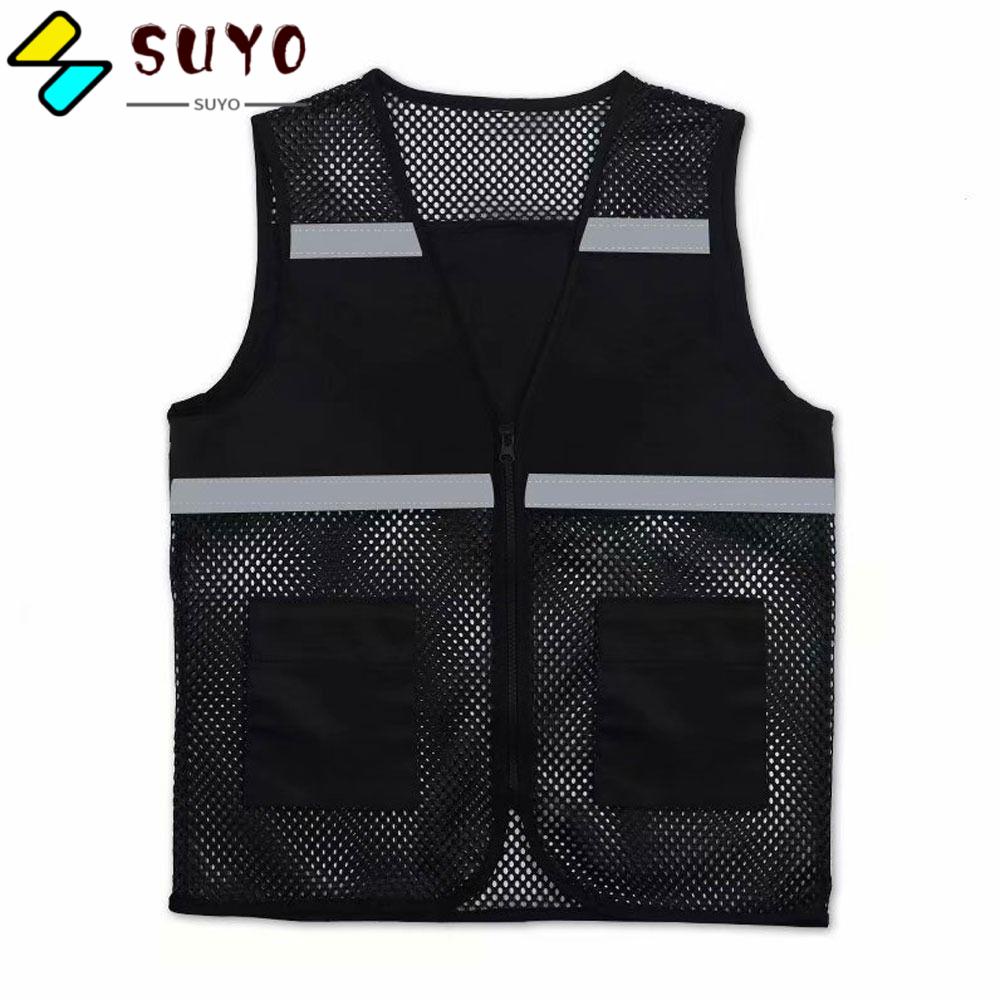 SUYO Áo Vest Lưới Thoáng Khí Có Dải Phản Quang An Toàn Màu Đen Có Khóa Kéo Cho Xây Dựng / Đường Ray Giao Thông Metro Workers