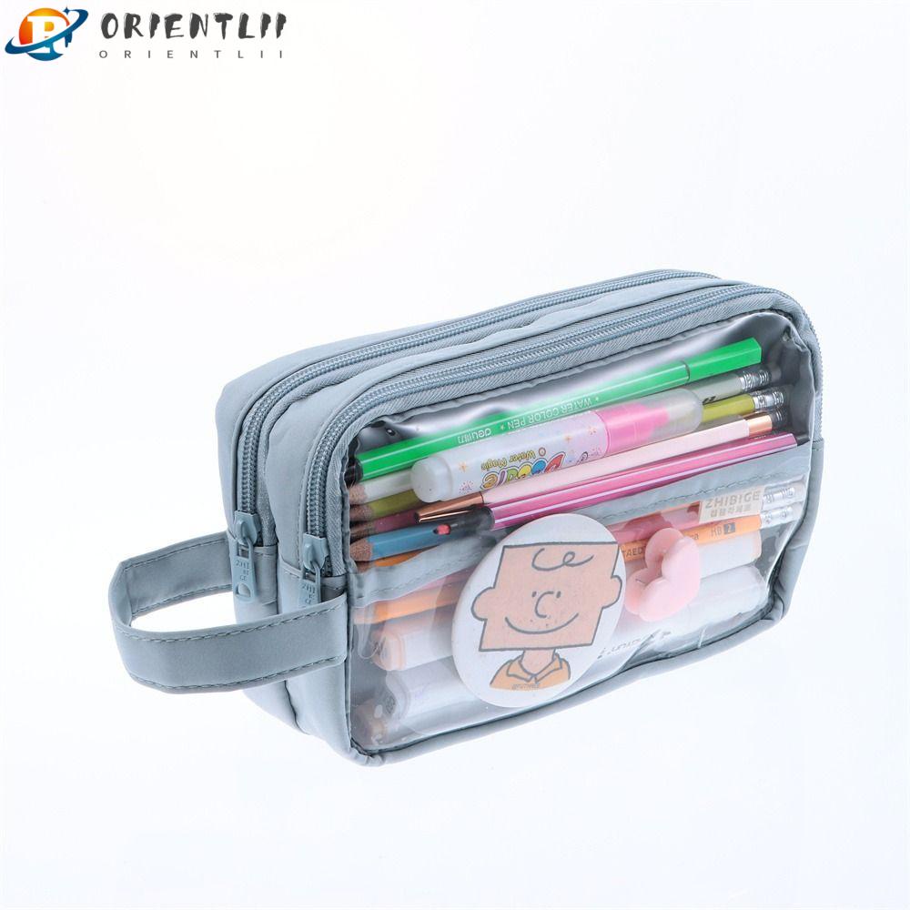 ORIENTLII Túi Đựng Bút Chì Kẻ Ô Vuông Trong Suốt Sức Chứa Lớn Có Dây Kéo