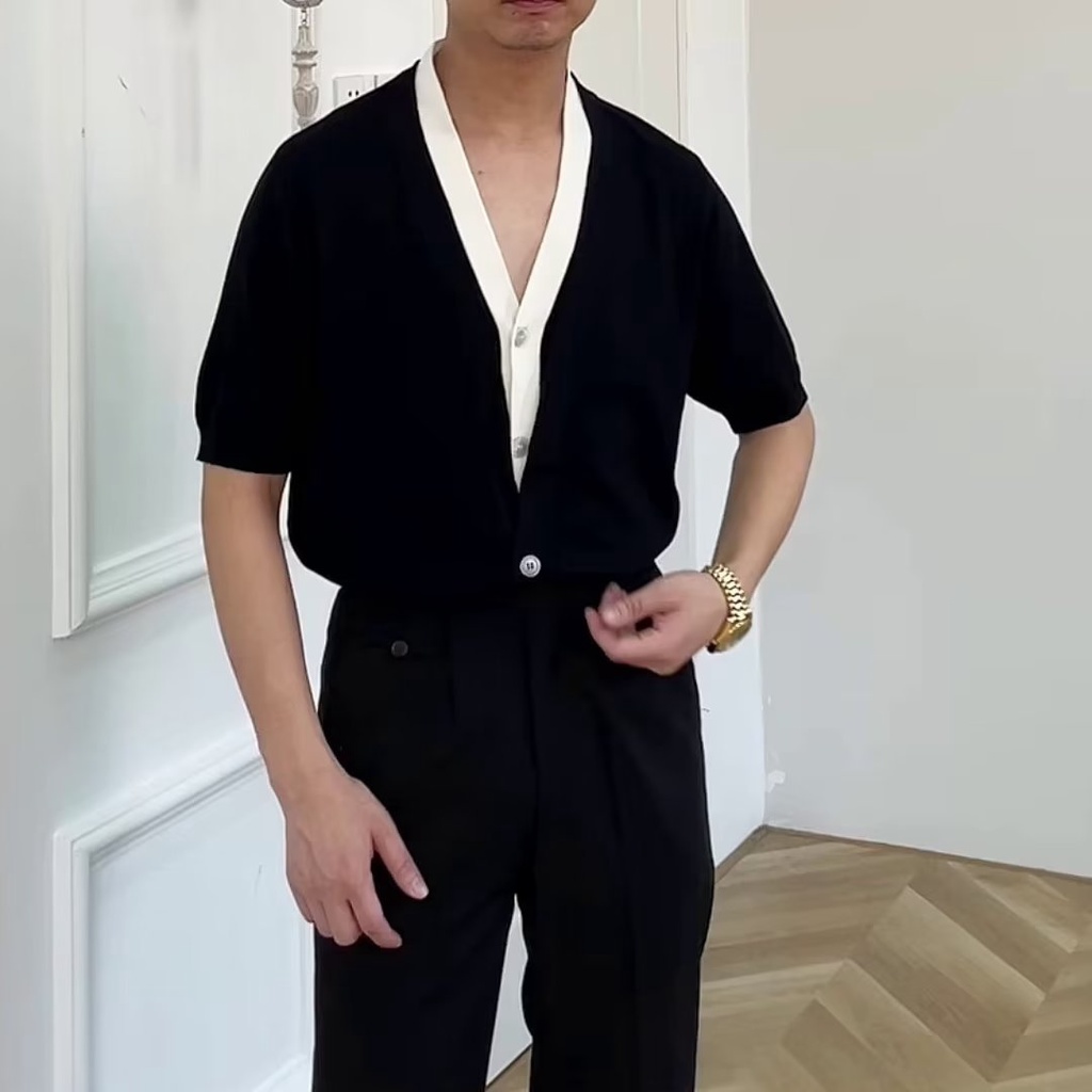 Áo Thun Tay Ngắn Giả Hai Lớp Cổ Chữ V Màu Sắc Tương Phản Phong Cách Hàn Quốc Thời Trang Xuân Hè Cho Nam