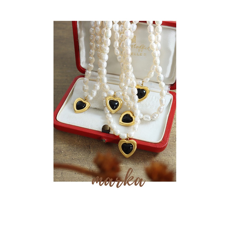 Vòng cổ Thép Titan Mặt Kính Hình Oval Đính Ngọc Trai Giả Phong Cách Retro Pháp