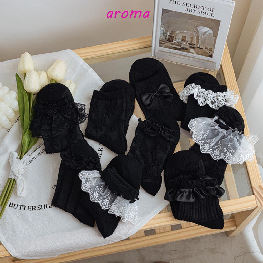AROMA Tất Cotton Kẻ Sọc Đính Nơ Phong Cách Vintage Cho Nữ
