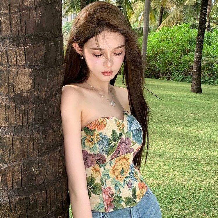 Influencer Áo Ống In Hình Cô Gái Uống Trà Chiều Phong Cách Desire Thuần Khiết Mùa Hè @