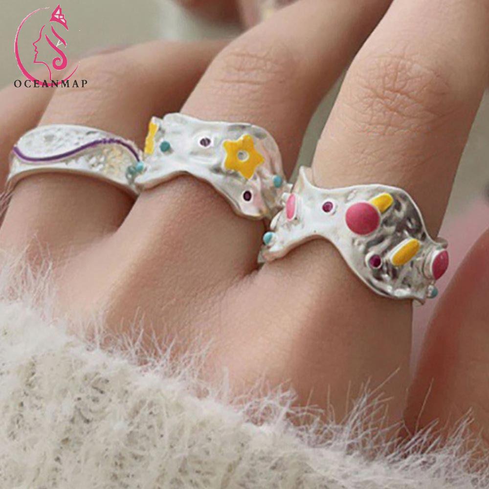 OCEANMAP Nhẫn Thiết Kế Mở Hình Học Tráng Men Ngọt Ngào Tươi Tắn Nhỏ Nhắn Phong Cách Hàn Quốc Cho Nữ