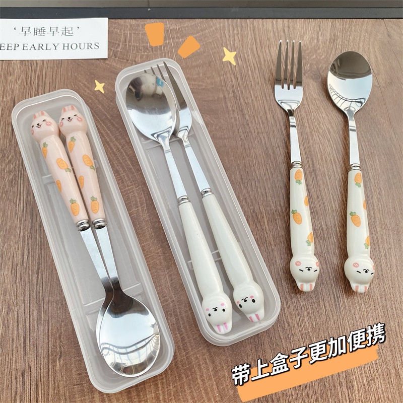 Bộ Muỗng Đũa Nĩa Bằng Thép Không Gỉ Hình Thỏ Dễ Thương