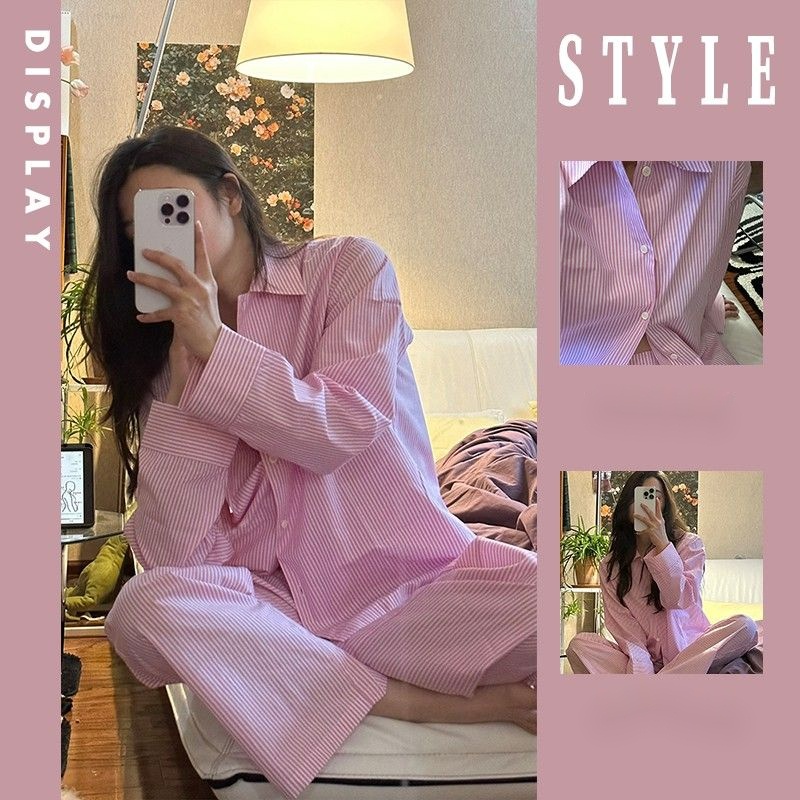 Bộ Đồ Ngủ Tay Dài Họa Tiết Kẻ Sọc Màu Hồng Thời Trang Xuân Thu Mới Cho Nữ