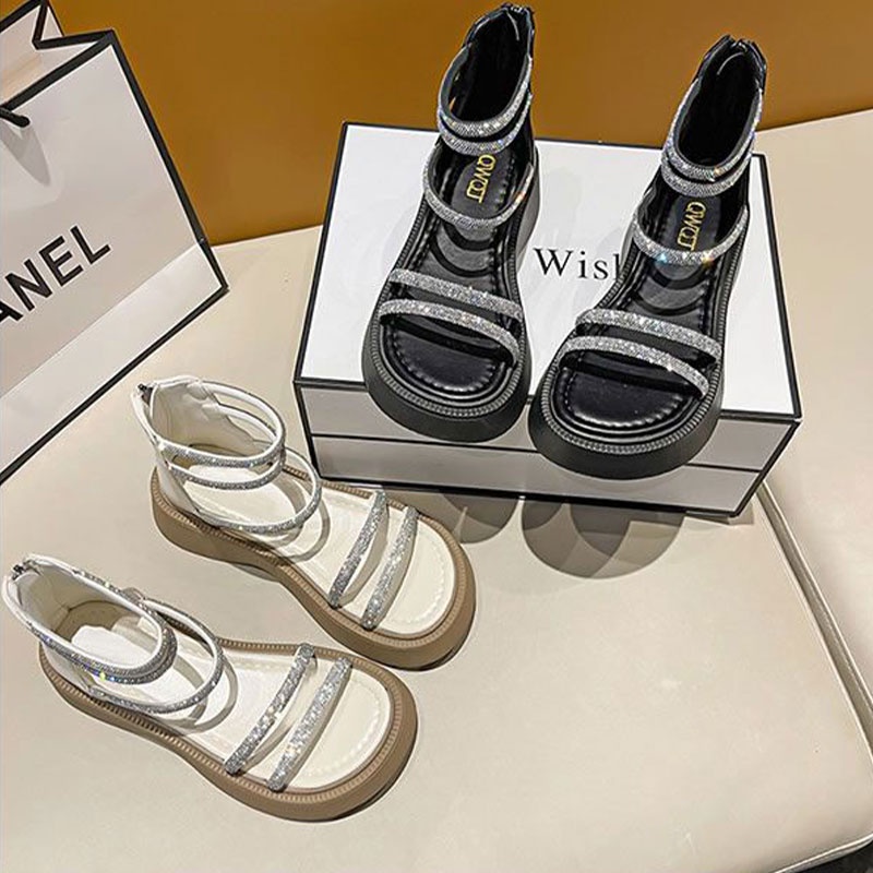 GUDETU❤Xăng đan Đế Dày Tăng Chiều Cao Có Khóa Kéo Sau Đính Đá Lấp Lánh Thời Trang Cho Nữ