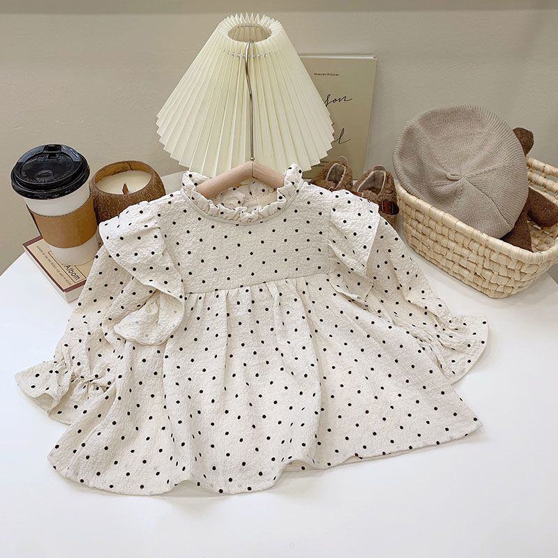 Áo Sơ Mi Cổ Đứng Lá Sen Họa Tiết Chấm Bi Phong Cách Hàn Quốc Thời Trang Mùa Thu 2023 Dành Cho Bé Gái