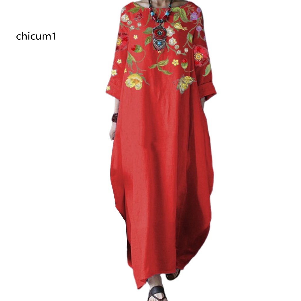 Đầm Maxi Cổ Tròn Tay 3 / 4 In Họa Tiết Hoa Lá Thời Trang Xuân Thu Xinh Xắn Cho Nữ