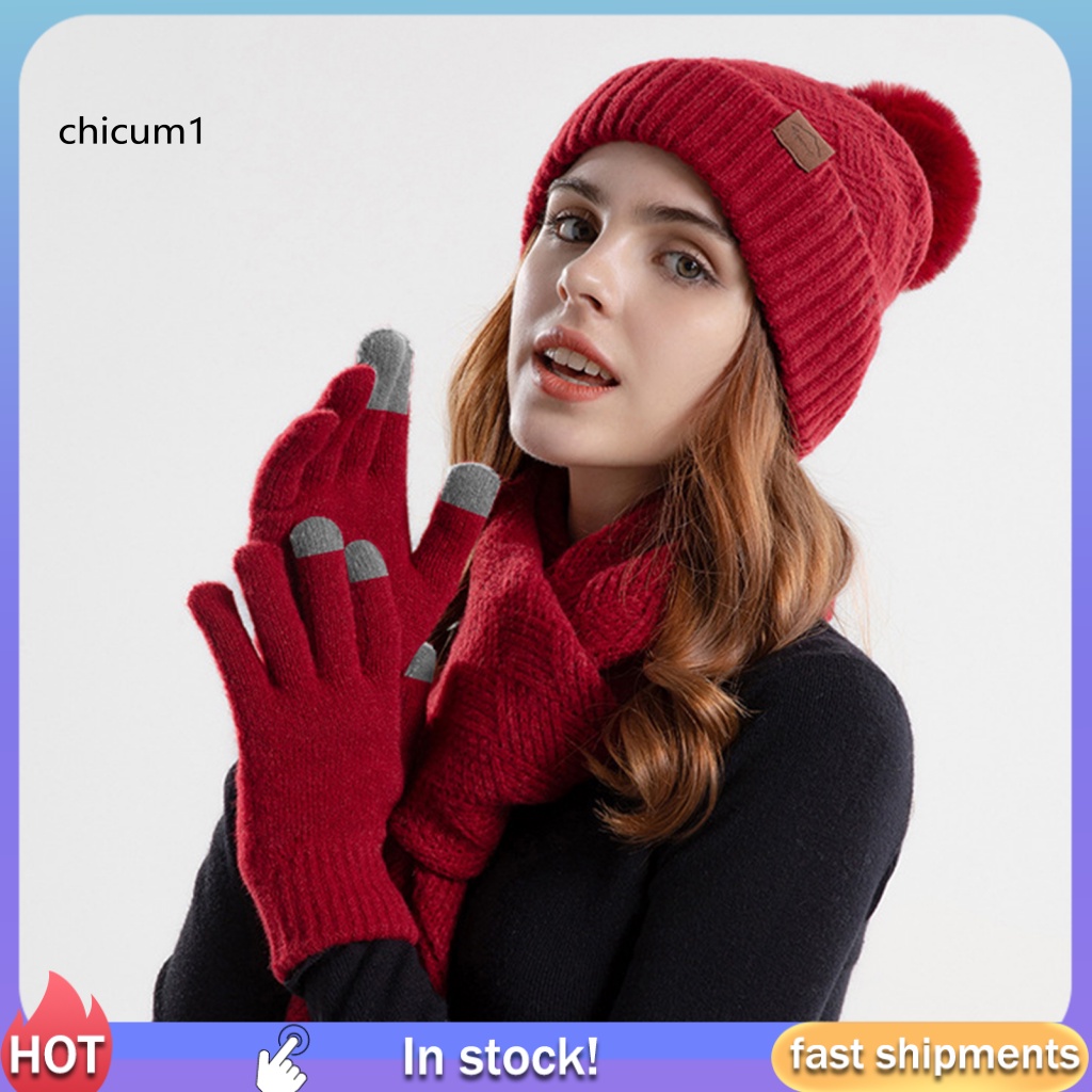 Cc 1 Set Mũ Khăn Quàng Cổ + Găng Tay + Găng Tay Lót Lông Giữ Ấm Mùa Đông Màu Trơn Thoải Mái Dành Cho Nữ