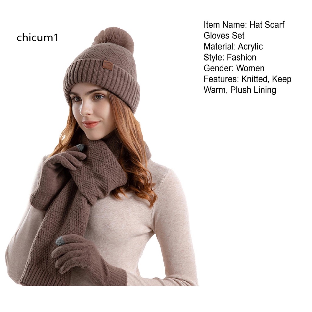 Cc 1 Set Mũ Khăn Quàng Cổ + Găng Tay + Găng Tay Lót Lông Giữ Ấm Mùa Đông Màu Trơn Thoải Mái Dành Cho Nữ