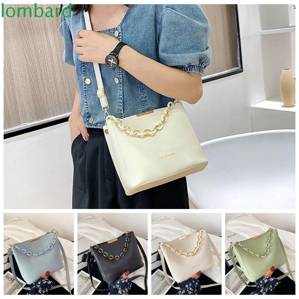 LOMBARD Túi Bucket Đeo Vai In Chữ Phong Cách Hàn Quốc Dễ Thương Nhỏ Gọn Kèm Dây Đeo Sợi Xích Thời Trang Cho Nữ