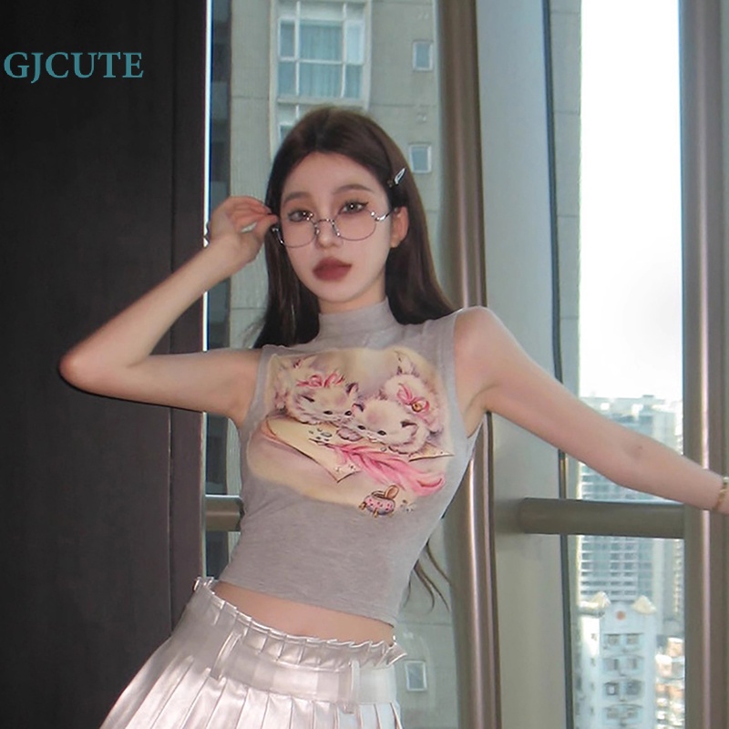Áo Thun Không Tay Cổ Lọ In Hình Mèo Dễ Thương Dành Cho Nữ