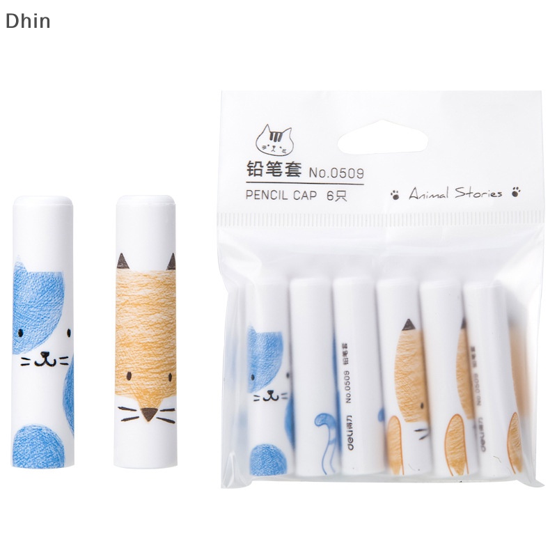 [Dhin] 6Pcs Cute Cat Pencil Cap Pen Cover Kawaii Pencil Extender Korean Stationery Kids Gifts School Office Supplies COD