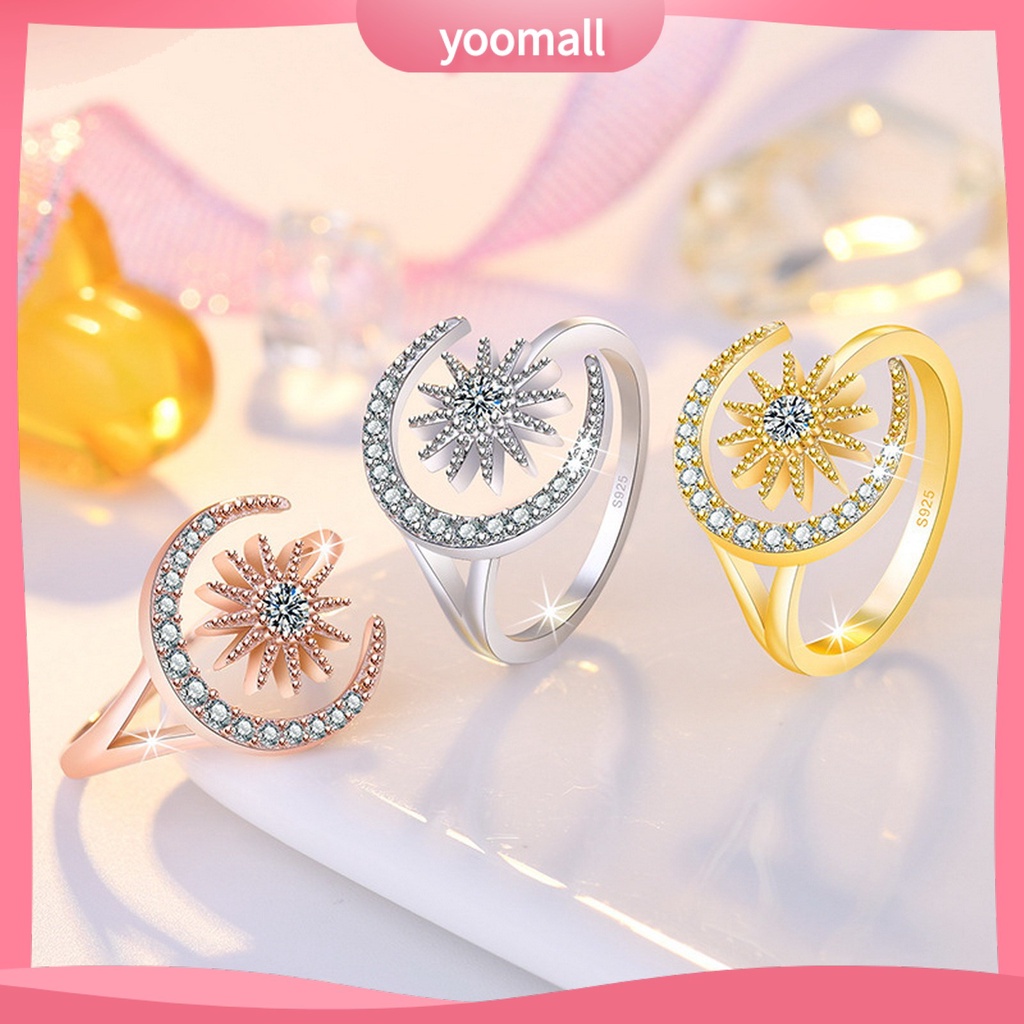 [YM] Nhẫn Mở Hình Học Đính Đá Mặt Trăng Ngôi Sao Thanh Lịch Làm Quà Tặng Trang Sức Cho Nữ