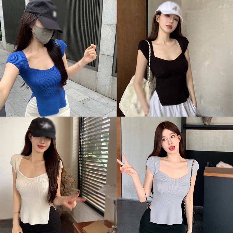Áo Croptop Tay Ngắn Cổ Vuông Phong Cách Hàn Quốc Thời Trang Mùa Hè Cho Nữ