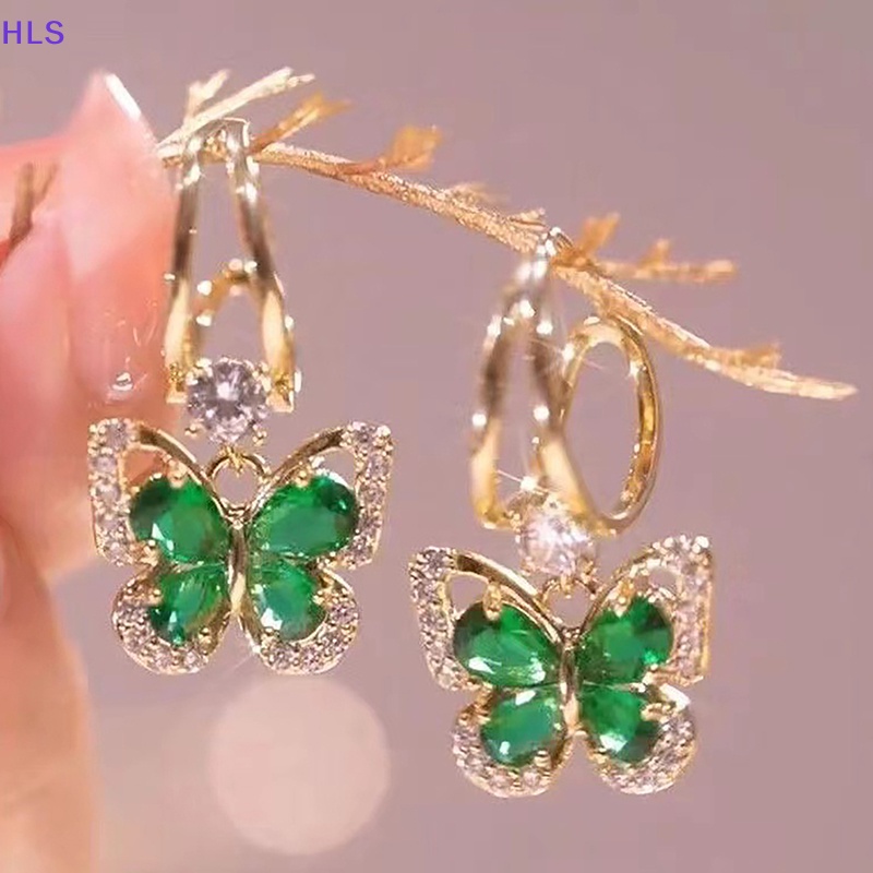 1 Đôi Bông Tai Hình Bướm Đính Đá Zircon Màu Xanh Lá Cây Phong Cách Vintage Thời Trang Dành Cho Nữ