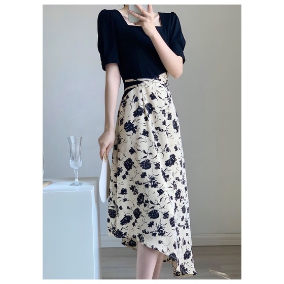 Đầm Midi Cổ Vuông Tay Ngắn In Họa Tiết Hoa Thời Trang Mùa Hè Kiểu Pháp Xinh Xắn Cho Nữ