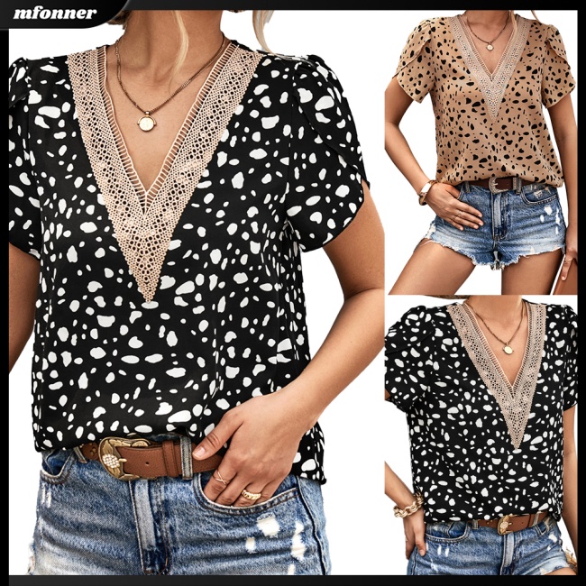 Áo Nữ Ngắn Tay Cổ Chữ V Họa Tiết Chấm Bi Thời Trang