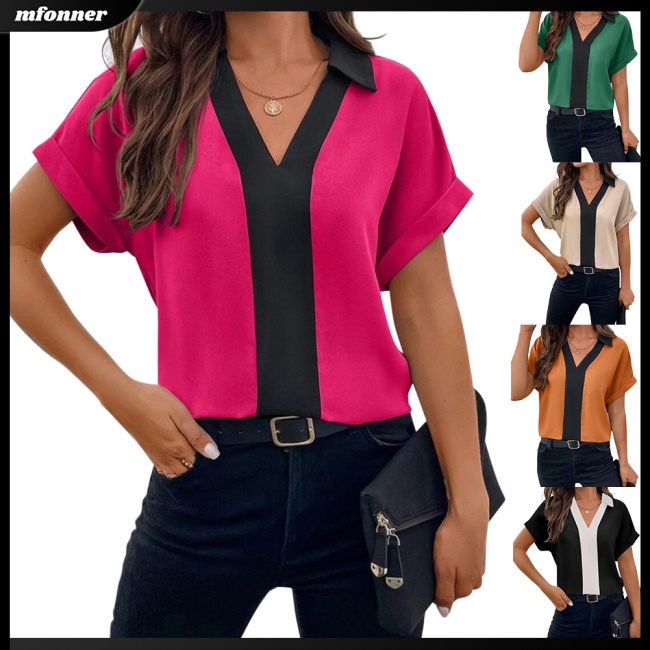 Áo Sơ Mi Tay Ngắn Cổ Chữ V Dáng Rộng Màu Tương Phản Thoáng Khí Thời Trang Cho Nữ