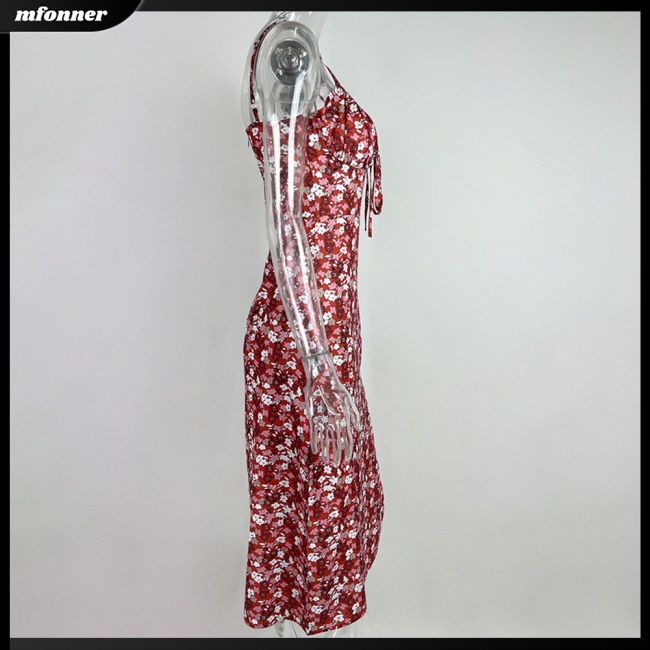 Đầm Midi Hai Dây Cổ Chữ V Xẻ Tà In Họa Tiết Hoa Dáng Ôm Thời Trang Mùa Hè Quyến Rũ Cho Nữ