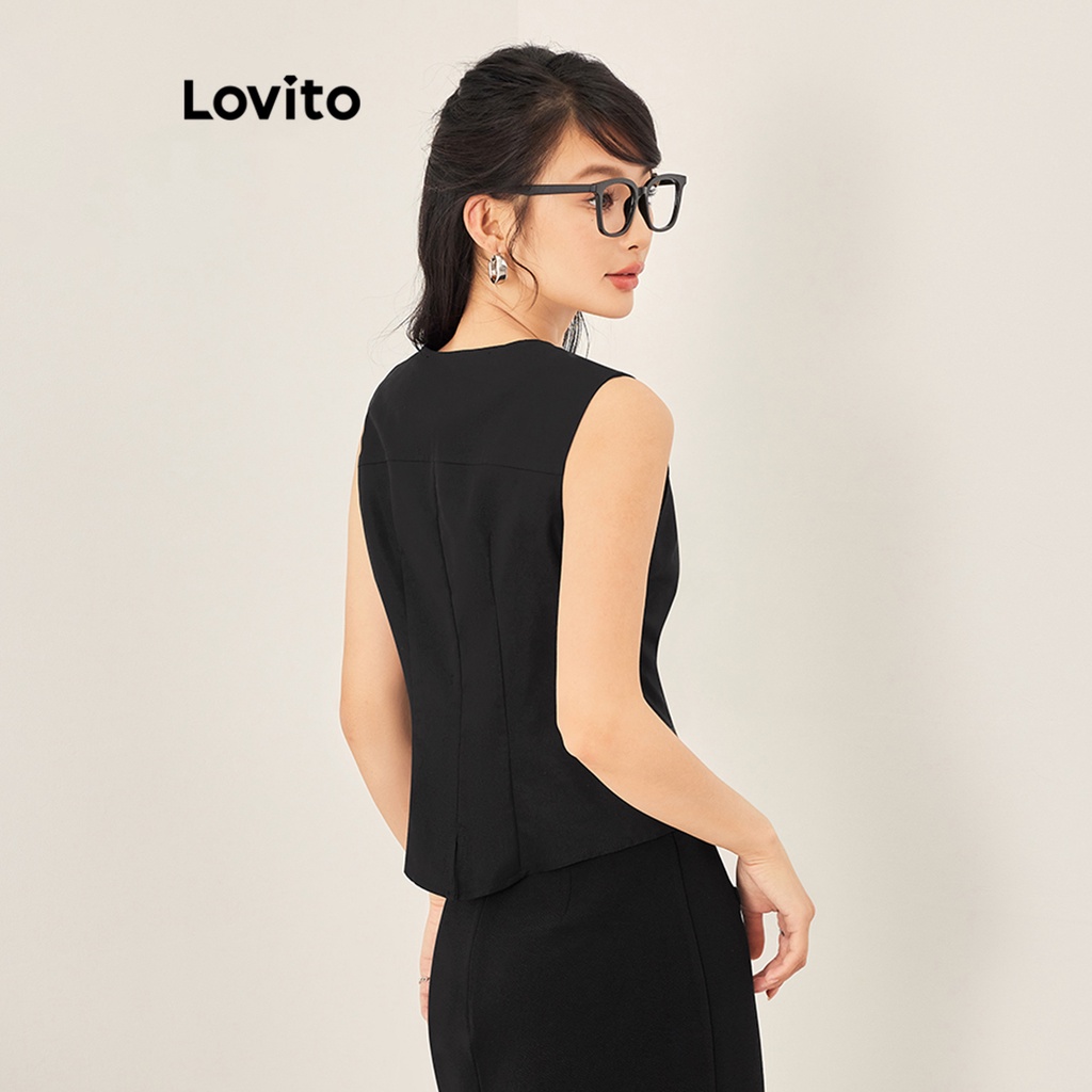 Áo Lovito cổ chữ V không tay màu trơn phối nút xẻ tà sau lưng phong cách thường ngày dành cho nữ L53AD021