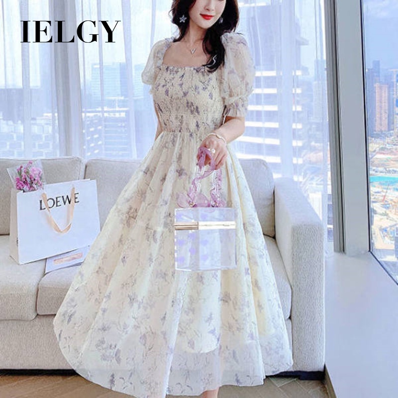 Đầm dài IELGY cổ vuông tay phồng in họa tiết hoa thời trang mùa hè dành cho nữ