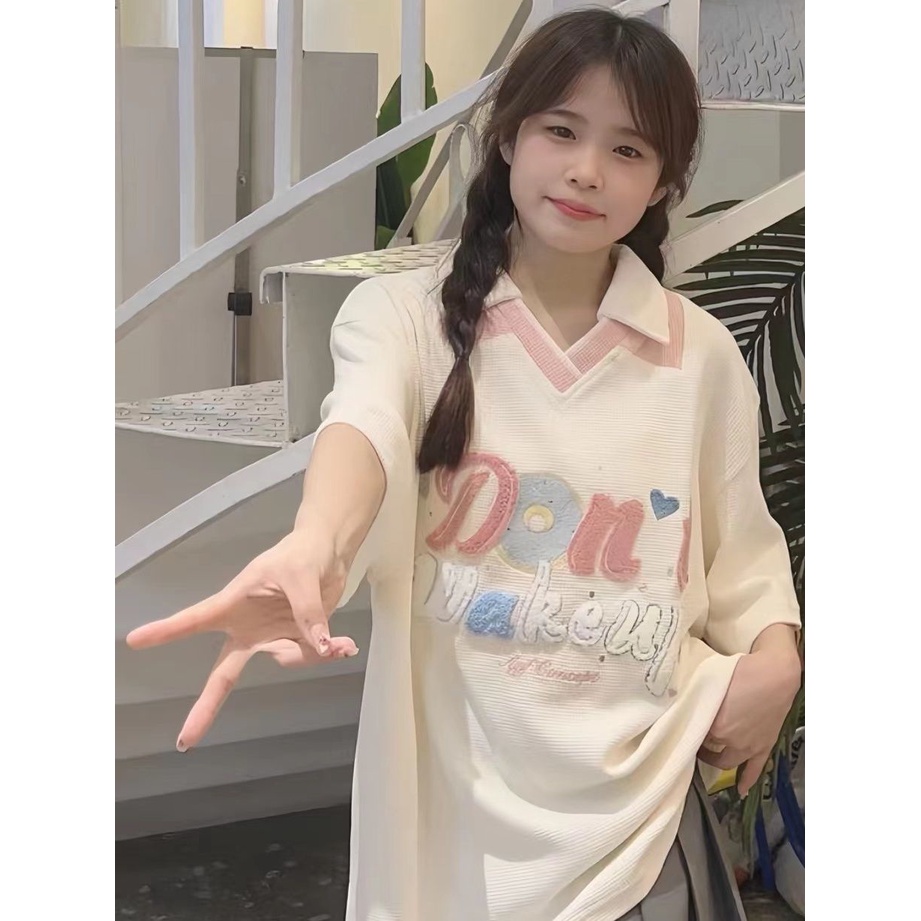 Áo polo Ngắn Tay Dáng Rộng Thêu Họa Tiết Thời Trang Mùa Hè Cho Nữ